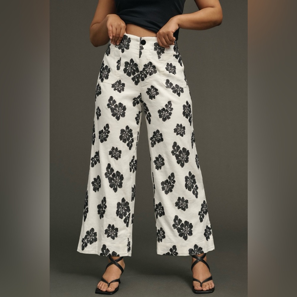 Anthropologie Maeve The Colette Wide-Leg Embroidered Pants